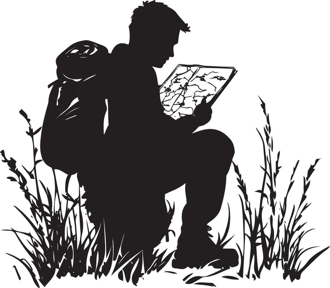 A black and white silhouette of a hiker crouched in tall grass, poring over a map. vector