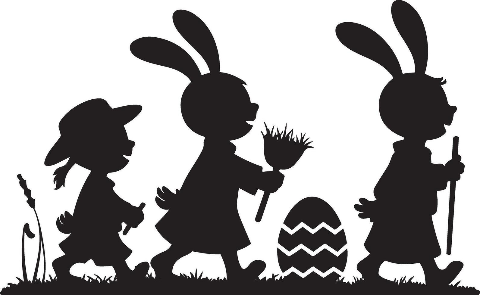 Easter Bunny Silhouette with Child, Searching for Eggs vector