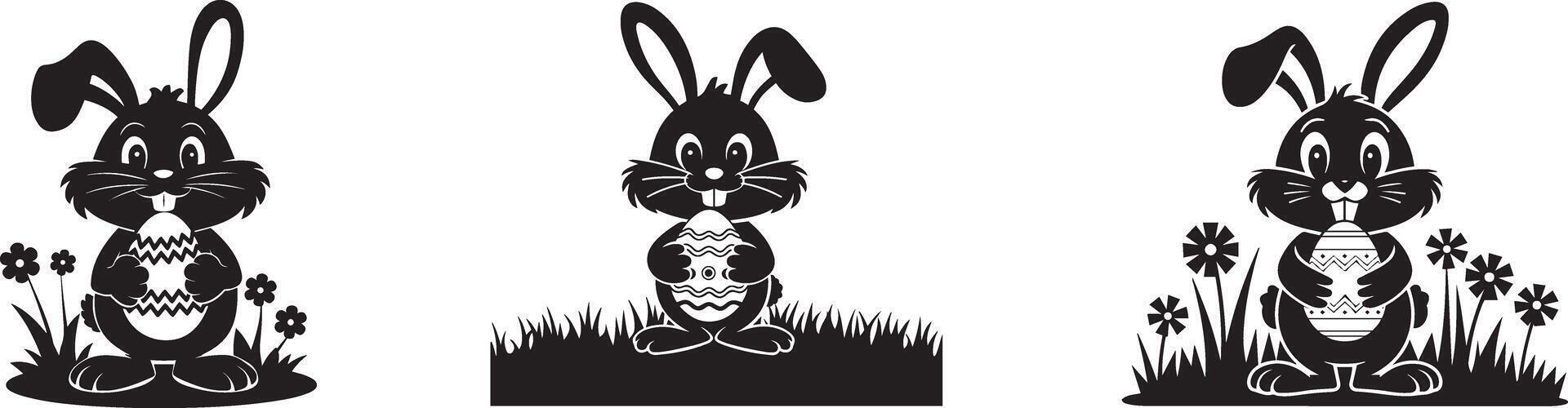 set of black silhouette Easter bunnies hold decorated eggs, surrounded by grass and flowers vector