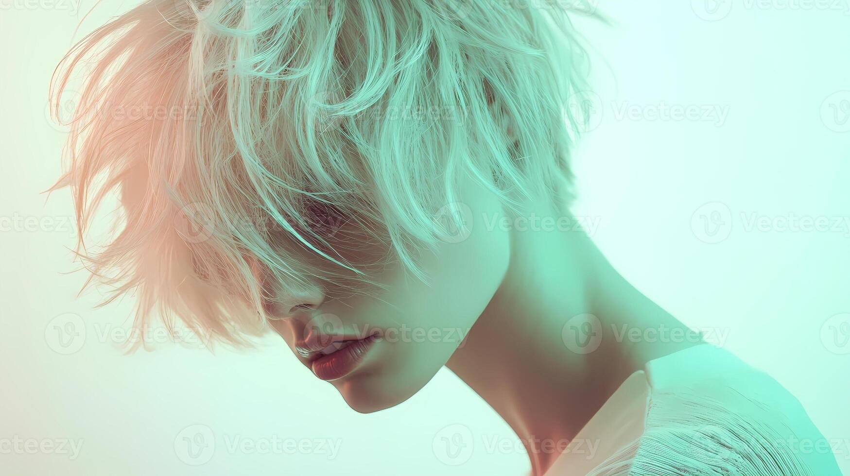Fashion model posing with trendy blonde hairstyle and creative lighting photo