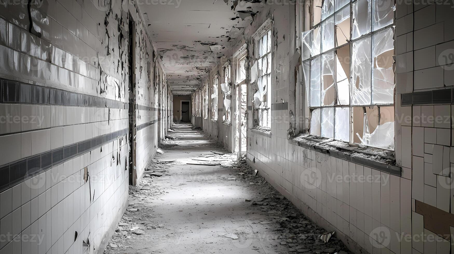 Abandoned corridor showing broken windows and crumbling tiles photo