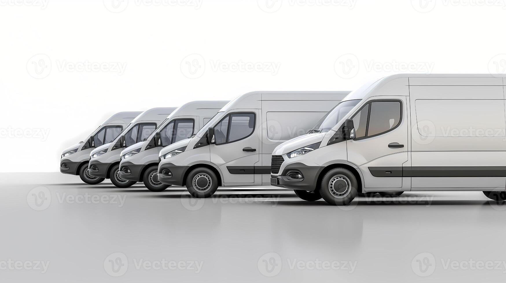 Fleet of white delivery vans parked in a row, express delivery and logistics services photo