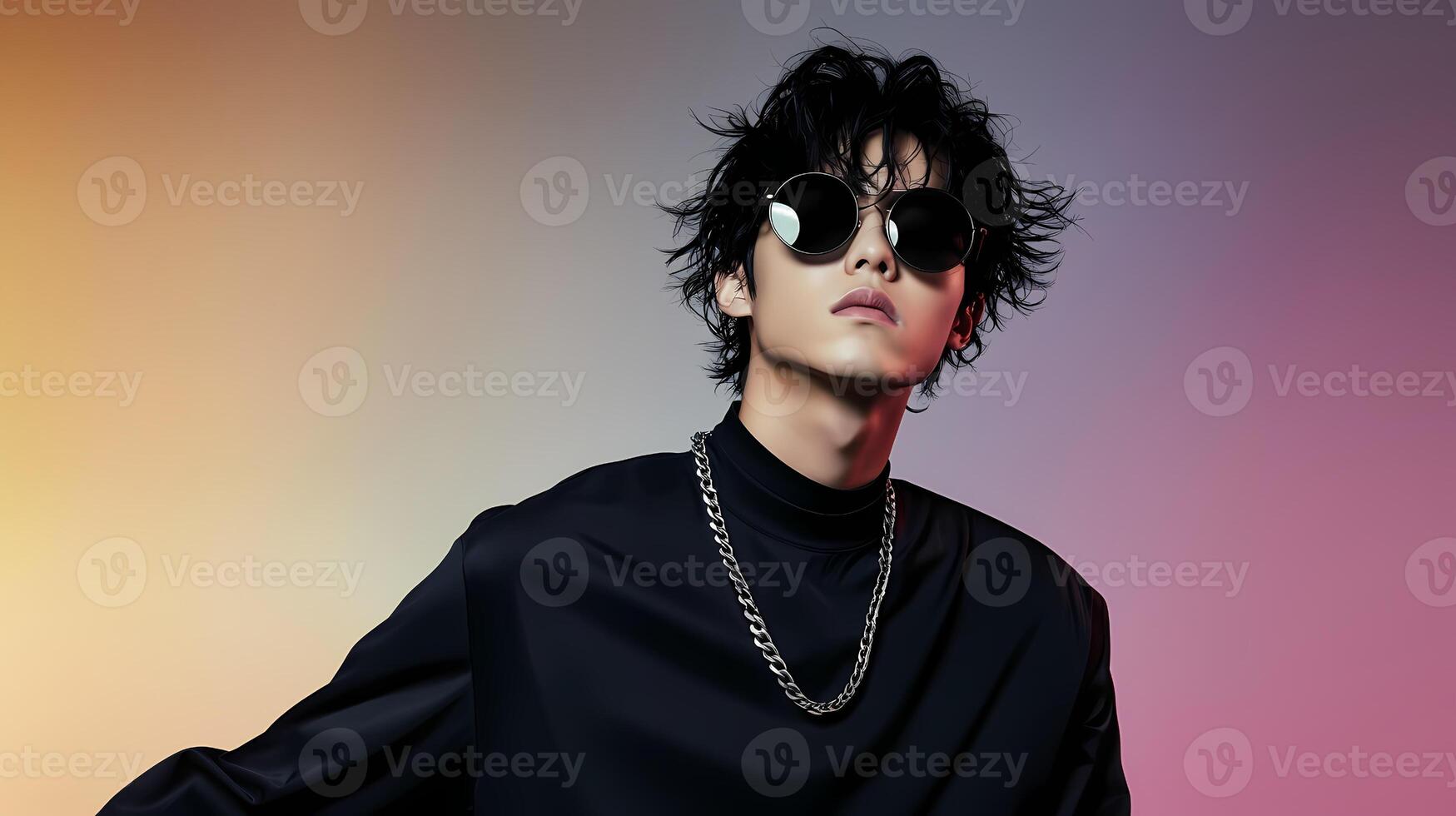 Young male model posing with sunglasses and silver chain in studio with colorful backdrop photo
