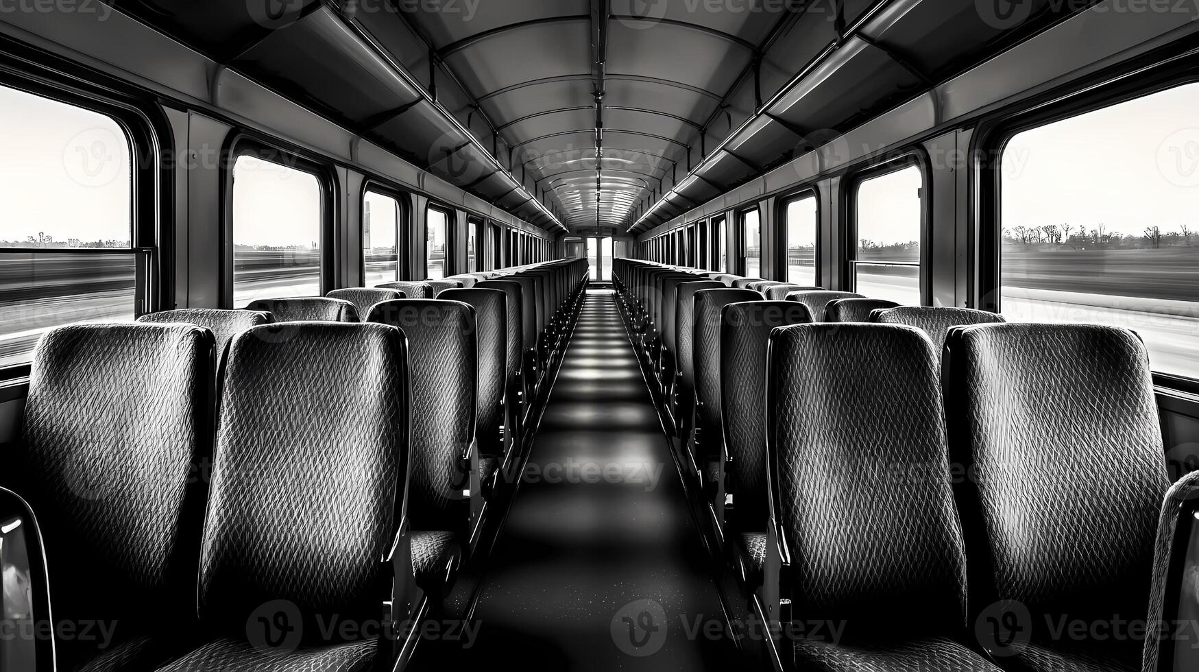 Empty passenger train moving on railway with seats and windows showing motion blur photo