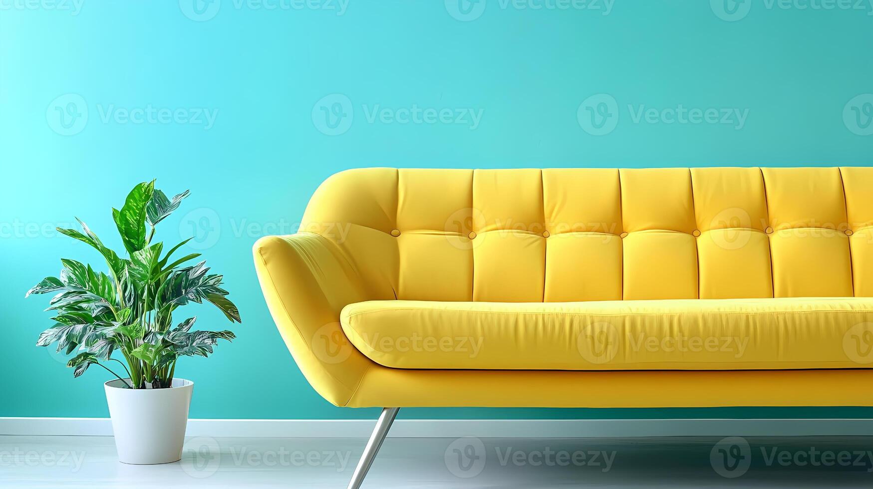 Yellow sofa standing in a modern living room with potted plant photo