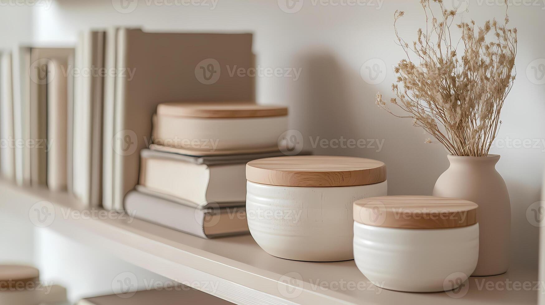 Stylish storage jars and books resting on shelf with dried flowers photo