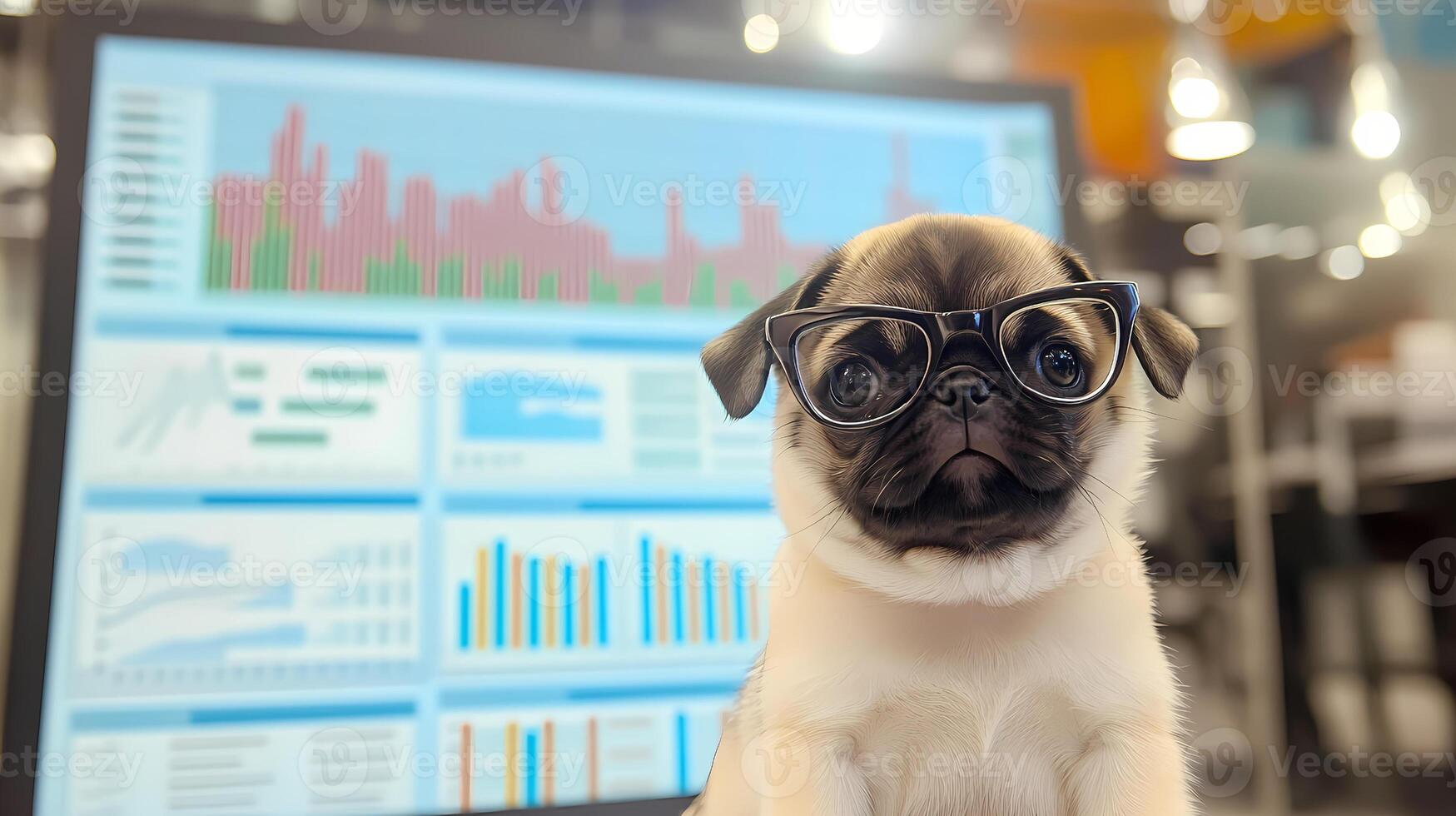 Pug puppy wearing eyeglasses working with charts and graphs on computer screen photo