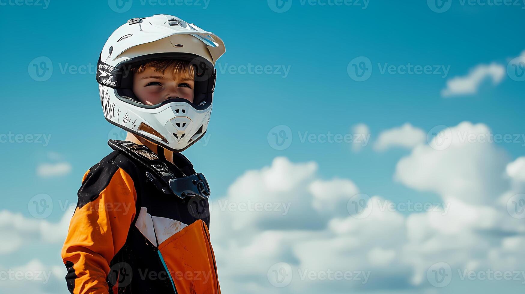 Young motocross rider wearing helmet and protection gear posing under blue sky photo