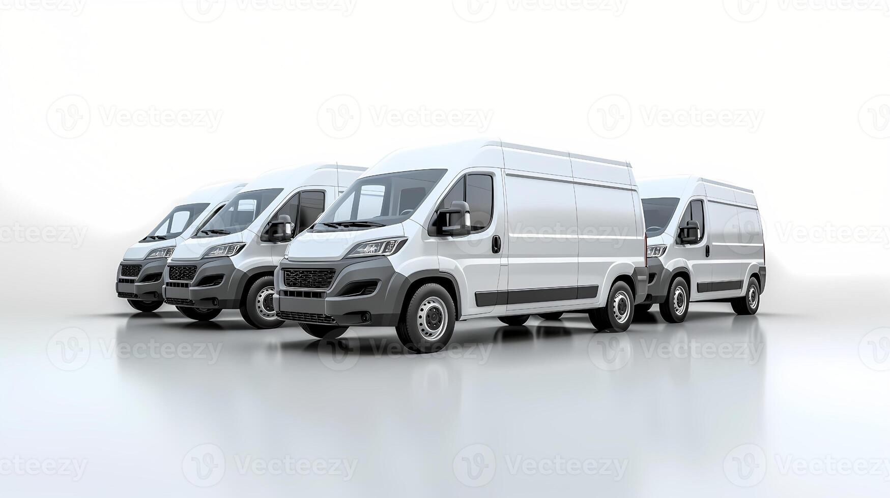 White delivery vans parked in a row on white background photo
