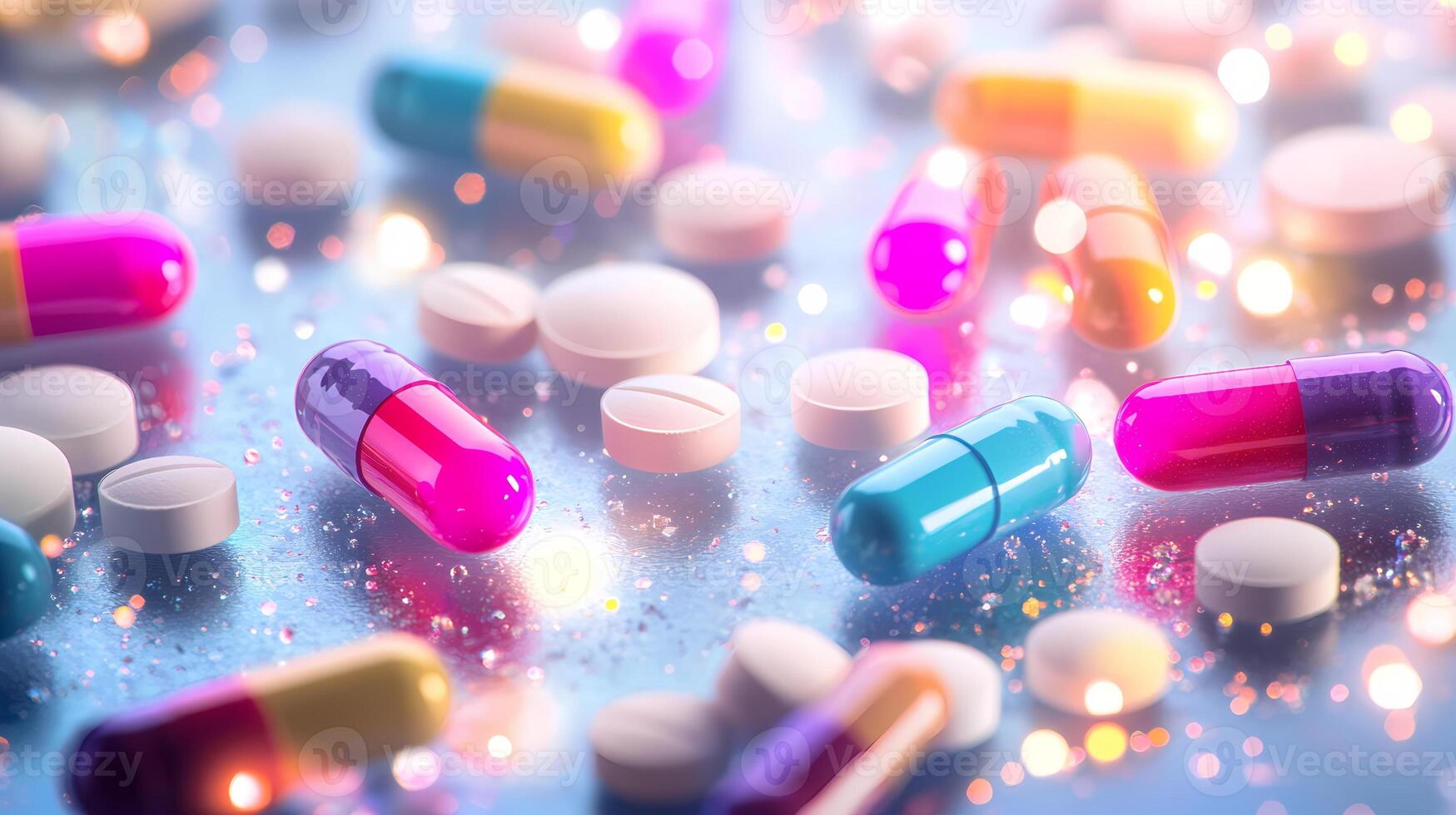 Colorful pills and capsules creating a festive atmosphere on a glittering surface photo