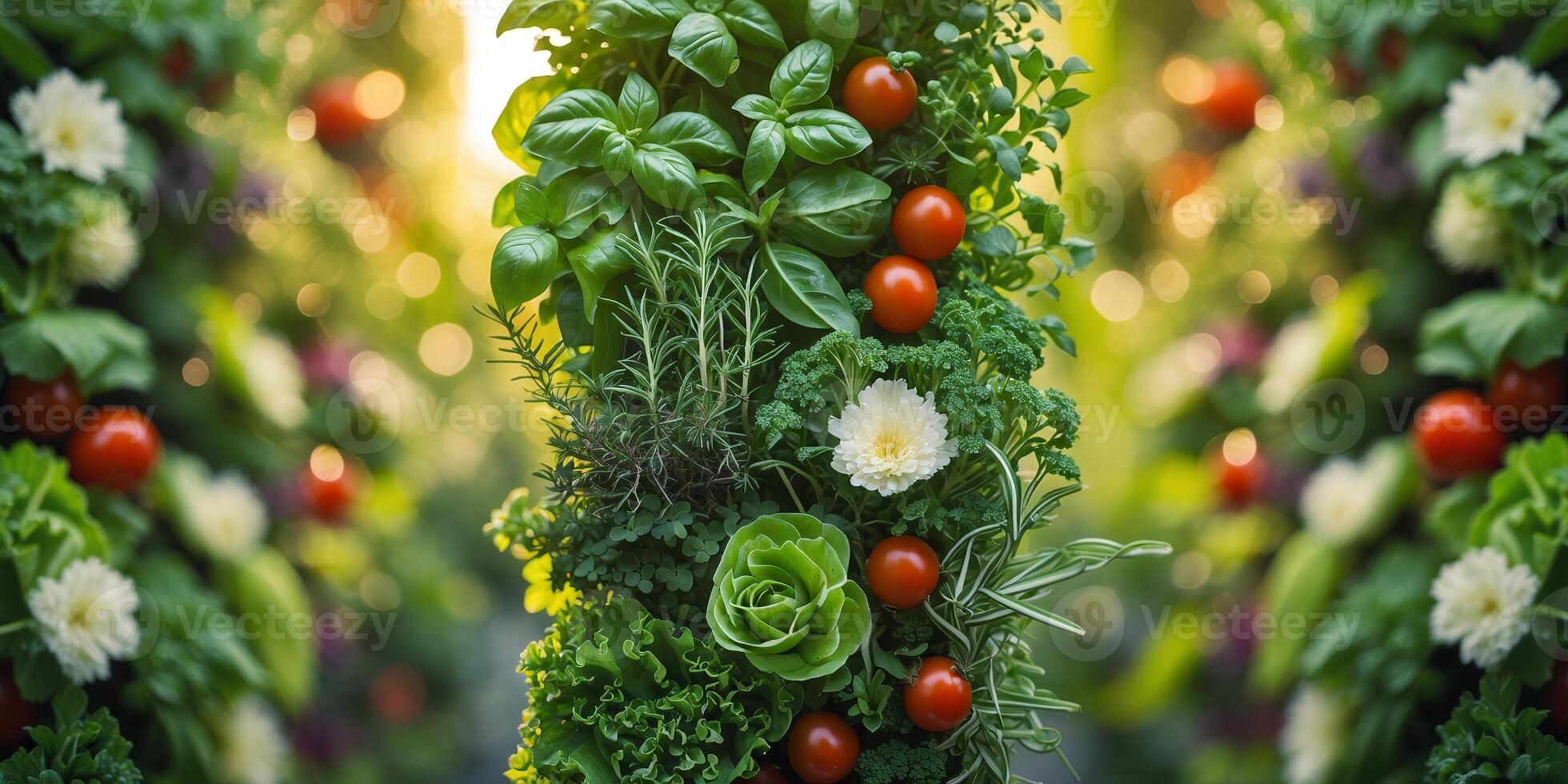 Vertical garden filled with fresh herbs and vibrant tomatoes illuminated by sunlight photo