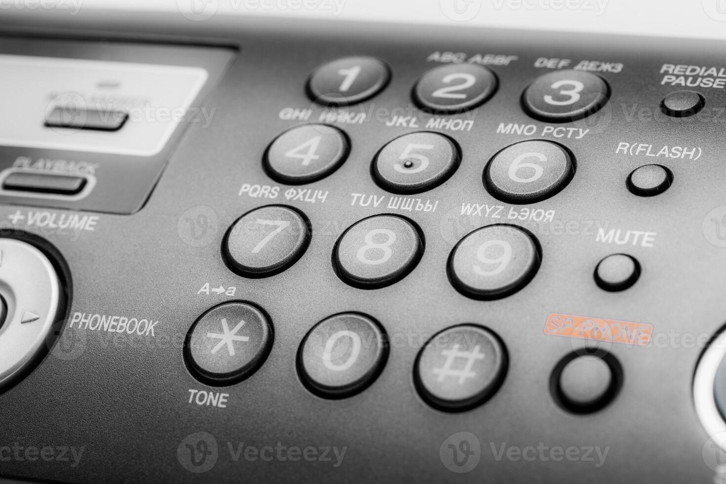 Black fax machine tool close up, business concept photo