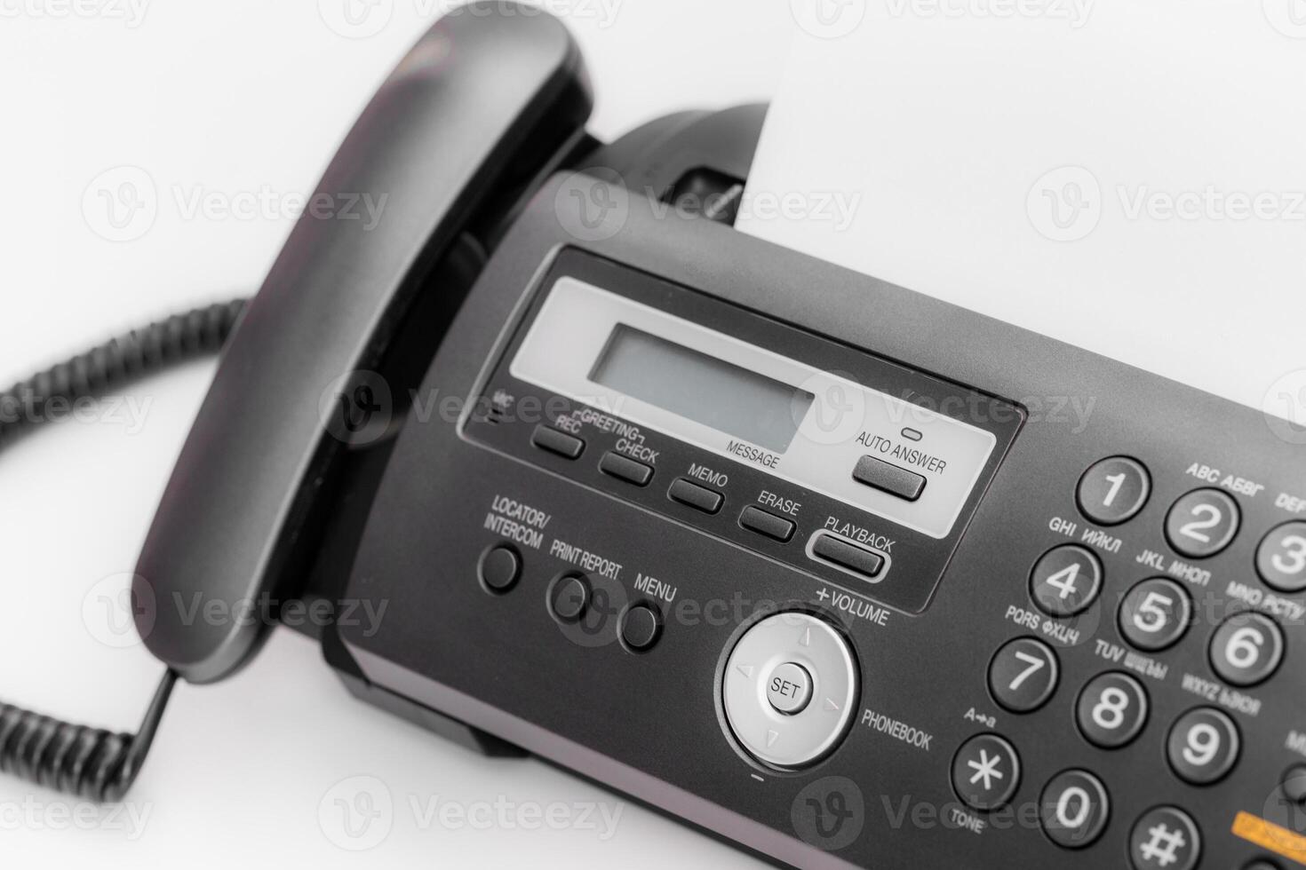Black fax machine tool close up, business concept photo