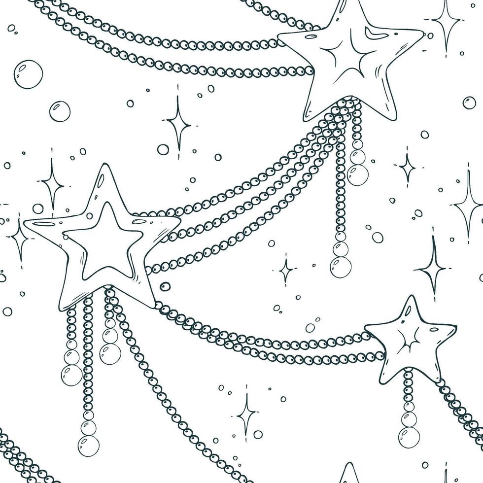 Golden stars Christmas toys with beads of different sizes, sparkling stars. Christmas, New Year, winter Line art is a simple hand-drawn illustration in black and white ink. Seamless pattern EPS vector