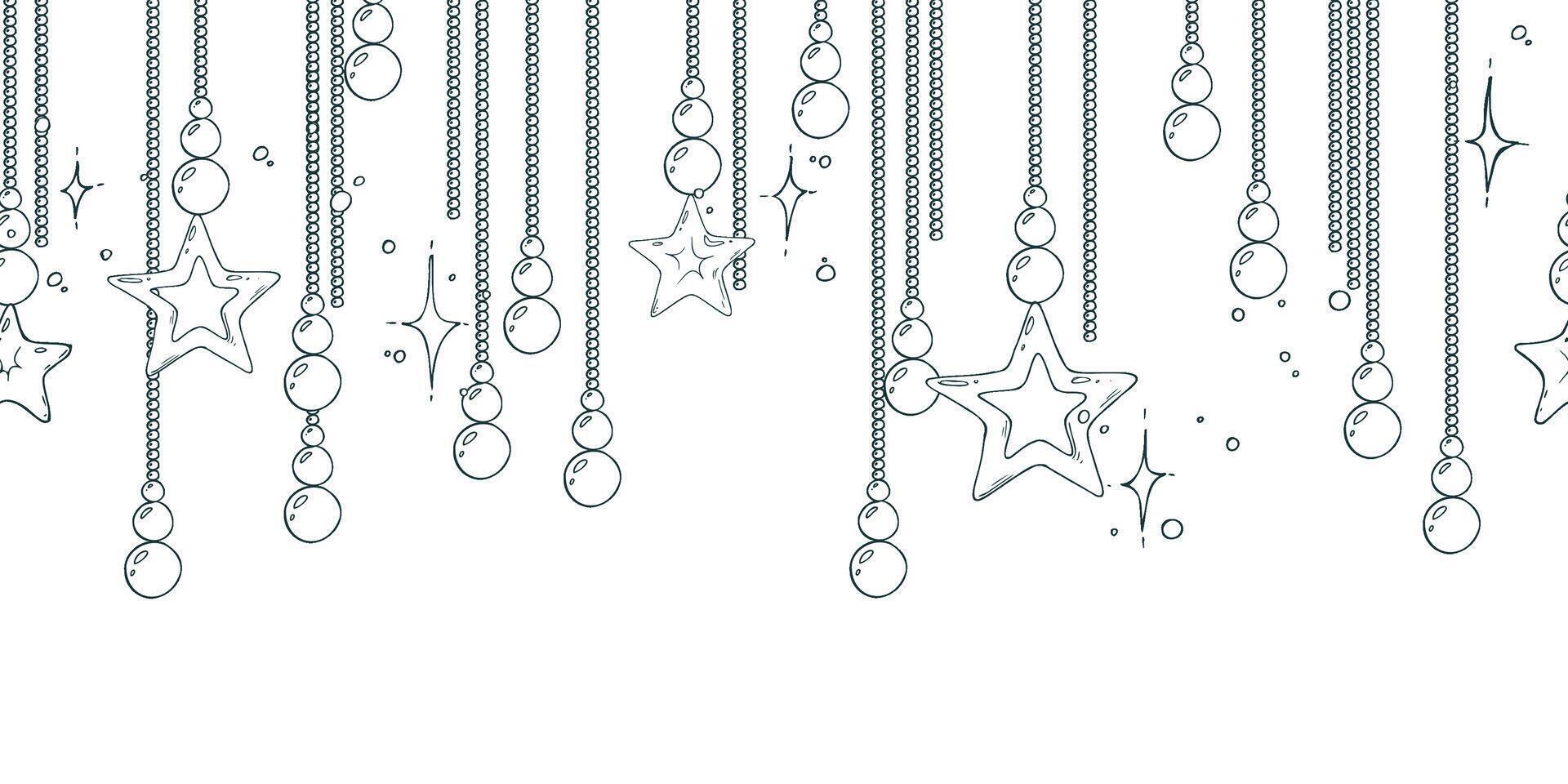 Beads gold with hanging stars vertical stripes with twinkling stars. Christmas, New Year, winter Line art is a simple hand-drawn illustration in black and white ink. Seamless border pattern EPS vector