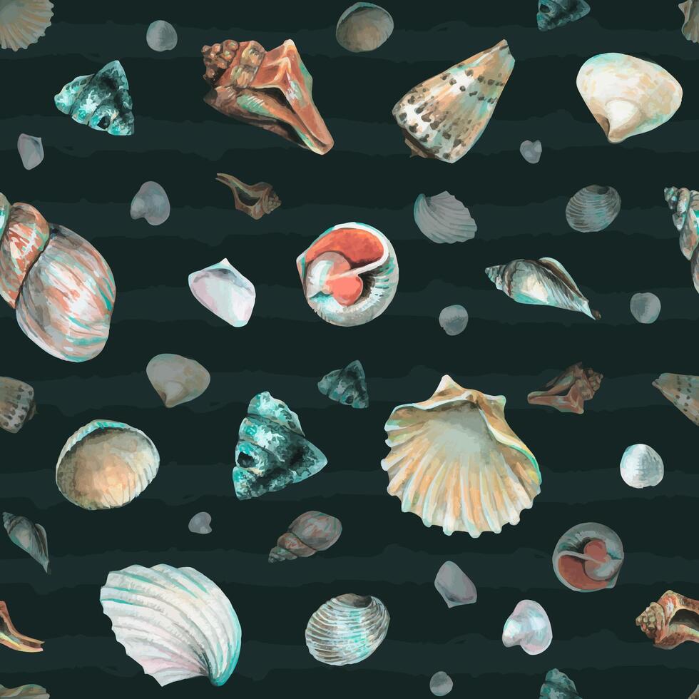 Seashell Seamless pattern on a dark blue background. Hand drawn watercolor Sea Shells for wrapping paper or textile in nautical style. Underwater illustration with cockleshell and scallop vector