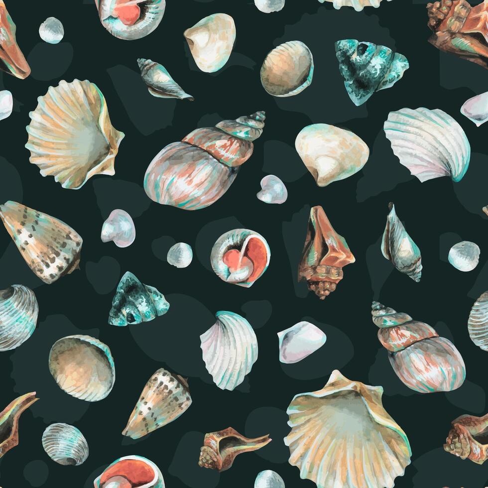 Seashell Seamless pattern on a dark blue background. Hand drawn watercolor Sea Shells for wrapping paper or textile in nautical style. Underwater illustration with cockleshell and scallop vector