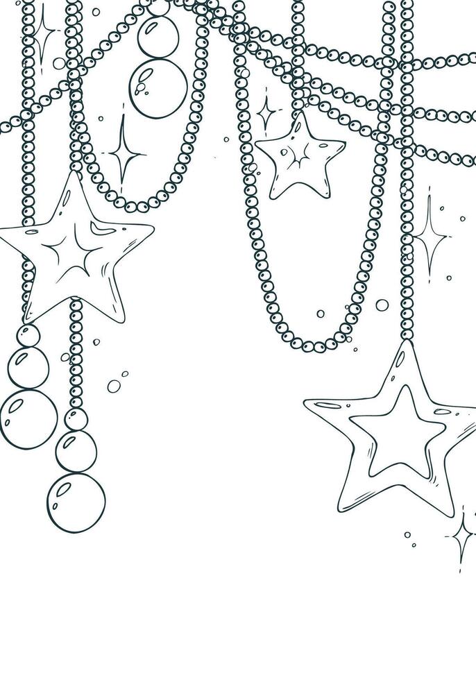 Golden beads with toys stars hanging with shimmer. Line art is a simple hand-drawn illustration in black and white ink. Template, frame, decorative framing EPS. Christmas New year vector
