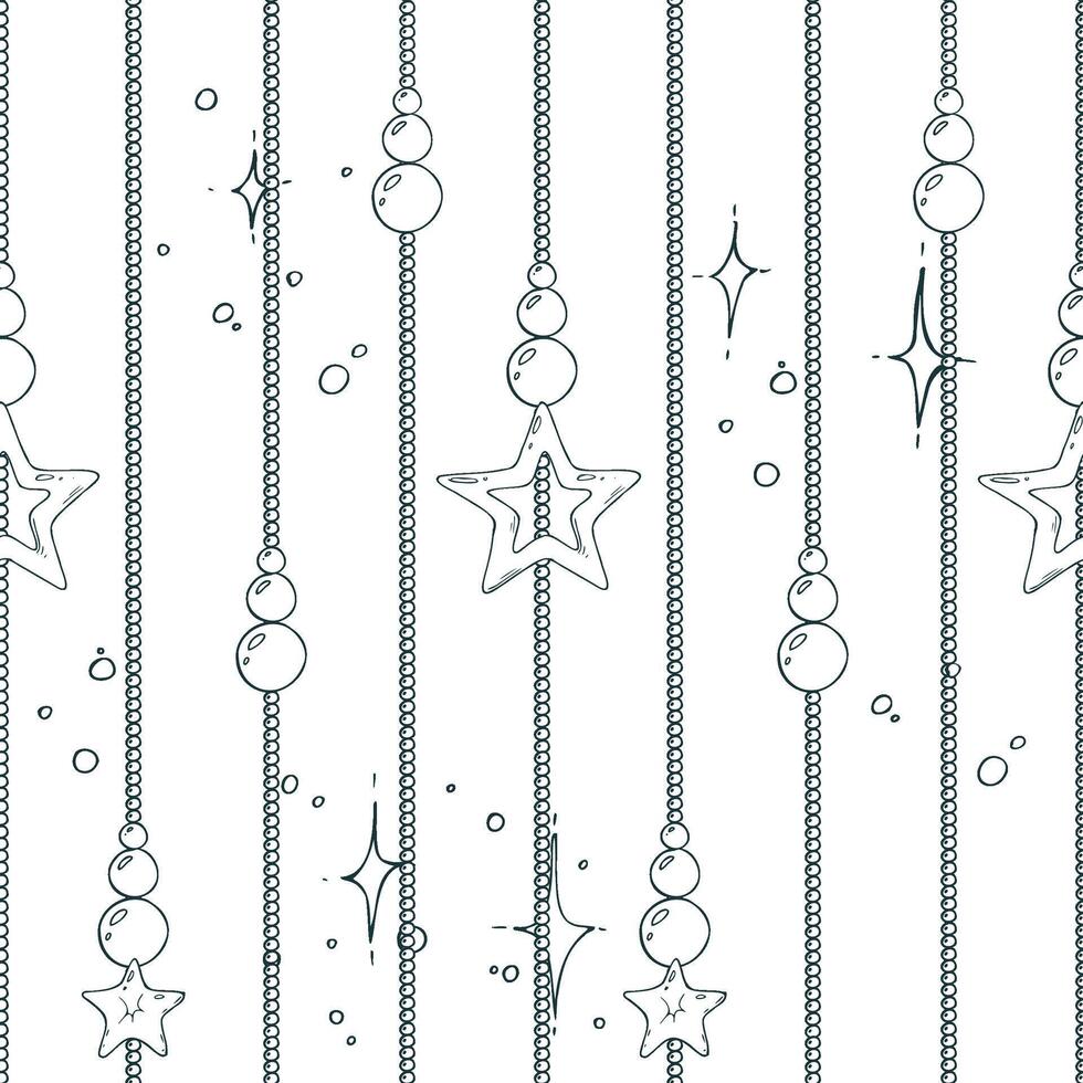 Beads gold with hanging stars vertical stripes with twinkling stars. Christmas, New Year, winter Line art is a simple hand-drawn illustration in black and white ink. Seamless pattern EPS vector