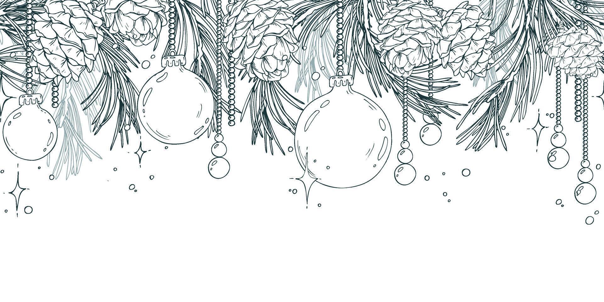 Christmas balls hanging, pine branches, cones with twinkling stars. Christmas, New Year, winter Line art is a simple hand-drawn illustration in black and white ink. Seamless border pattern EPS vector