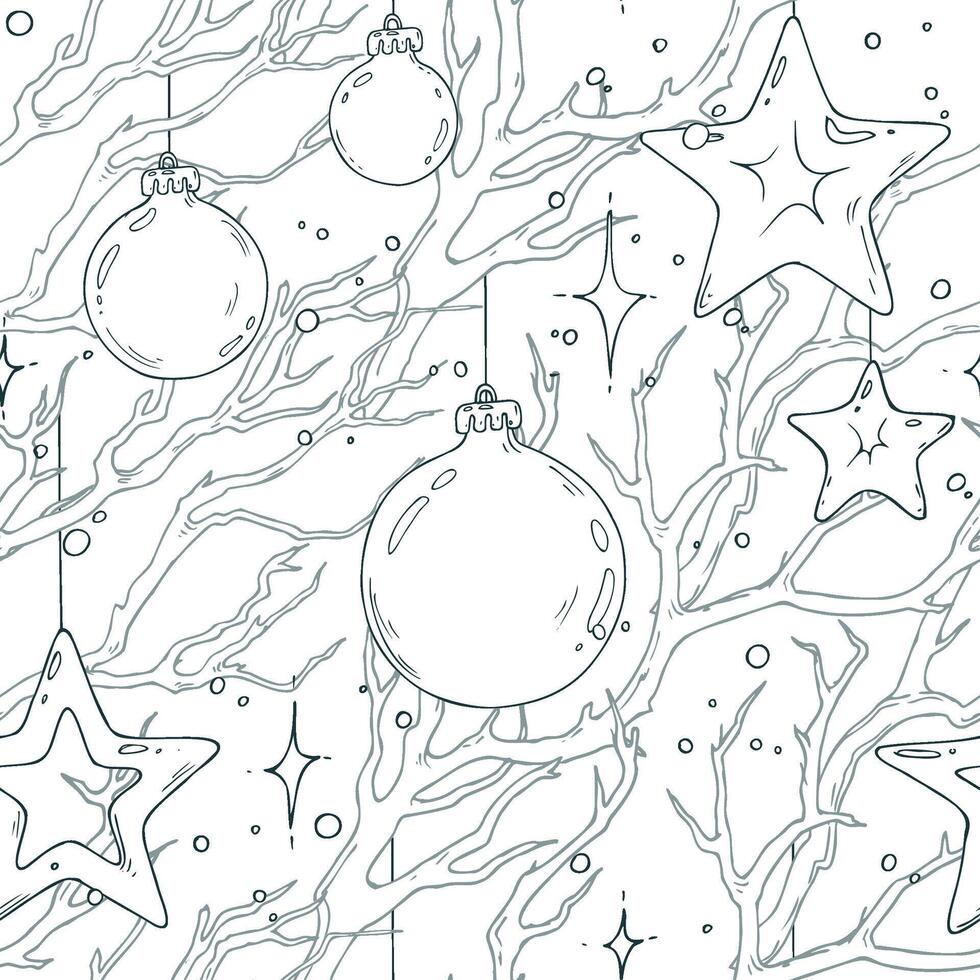 New Year decorations balls and stars hanging on dry tree branches with sparkling stars. Christmas, New Year, winter Line art hand-drawn illustration in black and white ink. Seamless pattern EPS vector