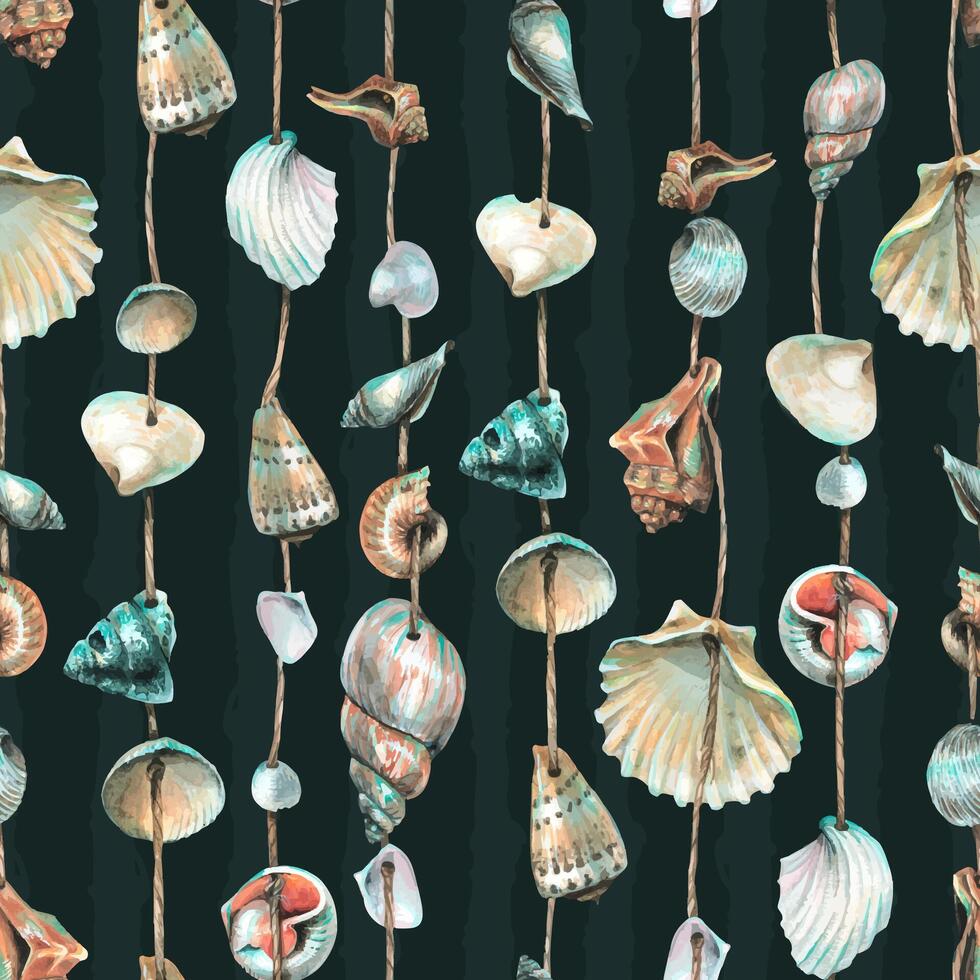 Various seashells are round, spiral, suspended on ropes. Marine garlands for decoration. Hand drawn watercolor illustration. Seamless pattern on a dark blue background vector