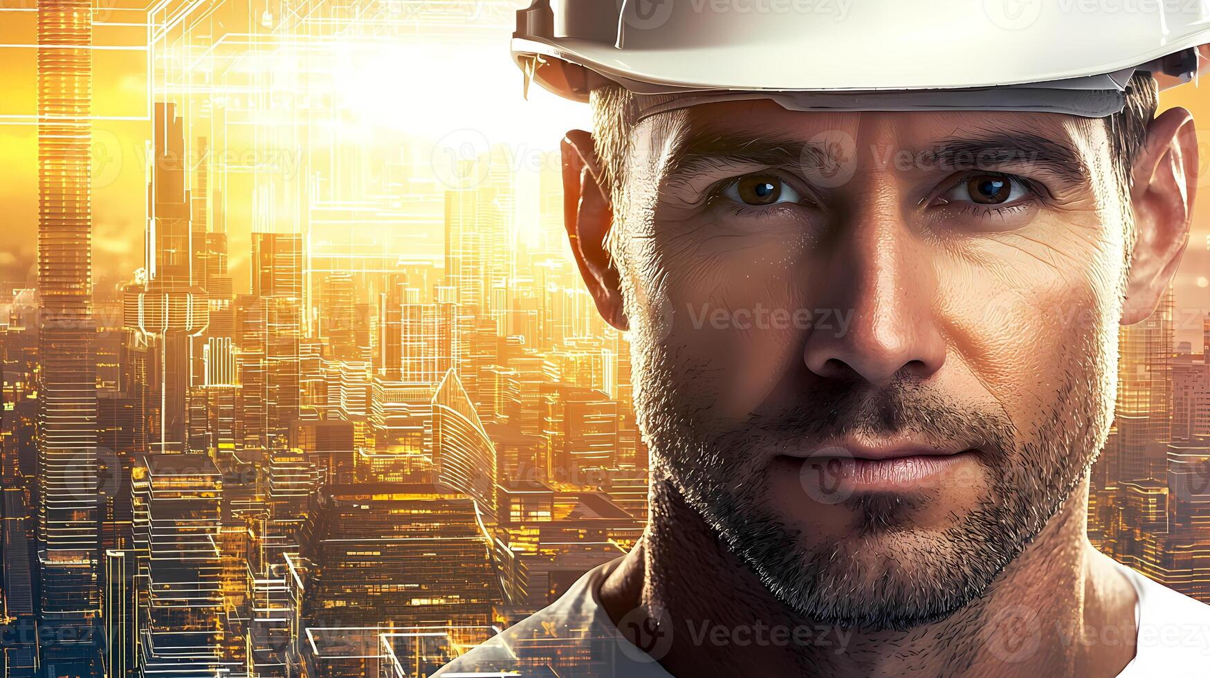 Architect wearing hardhat visualizing innovative urban project at sunset photo