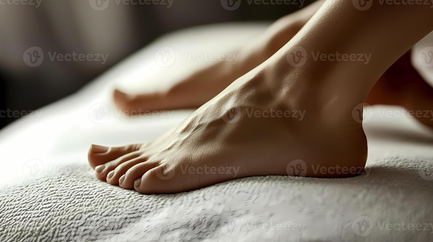 Woman's feet resting on soft white blanket, relaxation and comfort photo