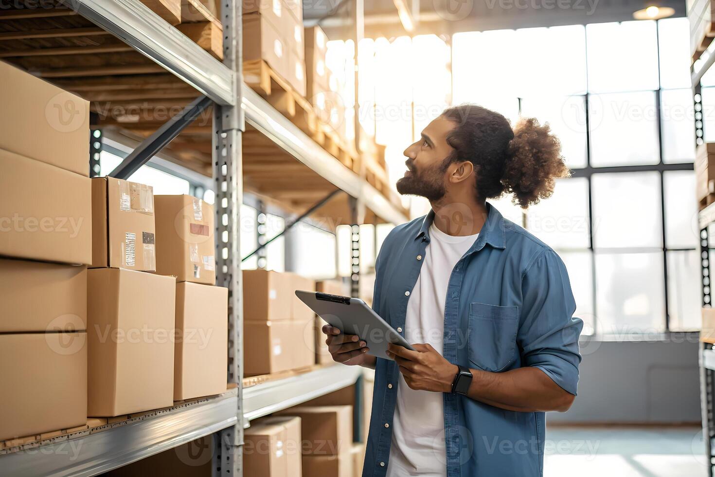 Warehouse worker checking inventory using digital tablet and looking up at shelves photo
