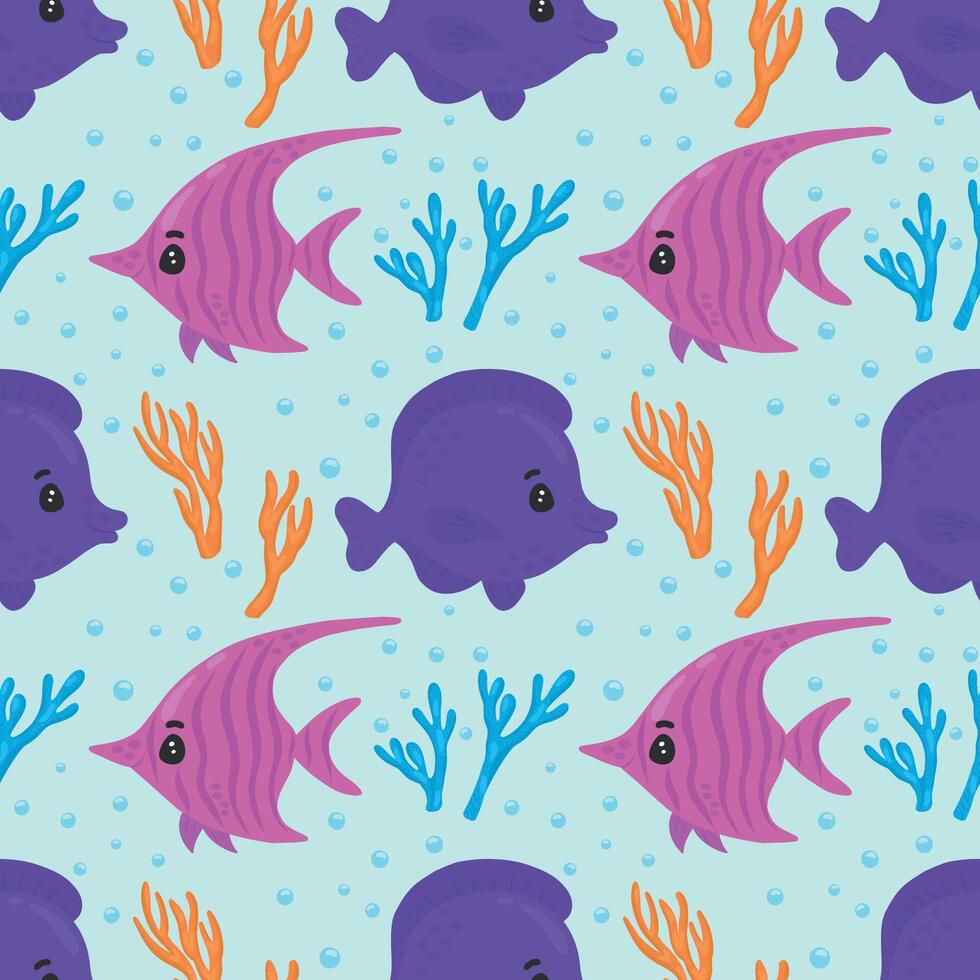 Seamless pattern with cute reef fish and corals. Funny multicolor background, marine texture. Modern illustration. vector
