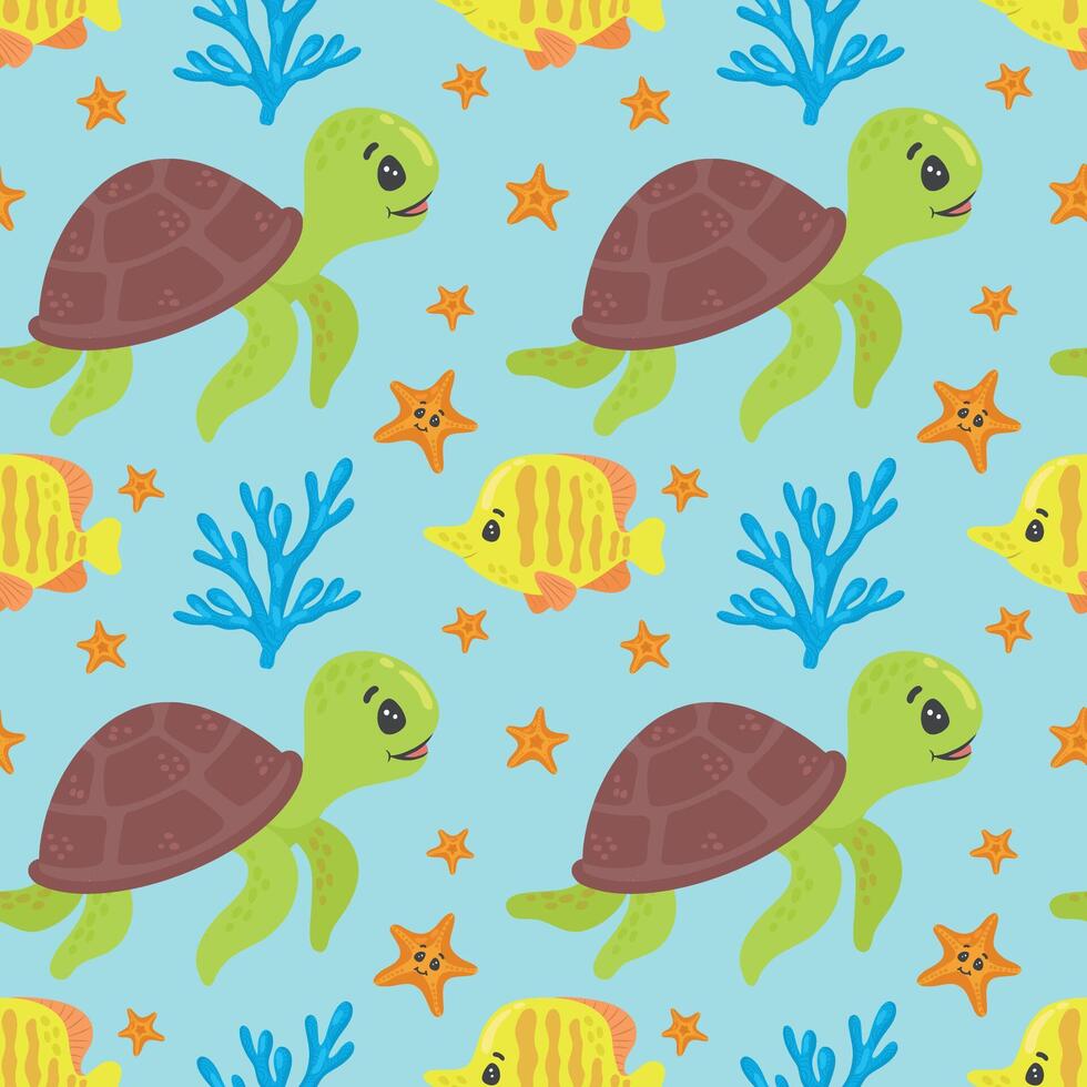 Seamless marine-themed pattern with turtles, fish, sea stars, underwater plants and corals. Hand-drawn illustration.Marine life. vector
