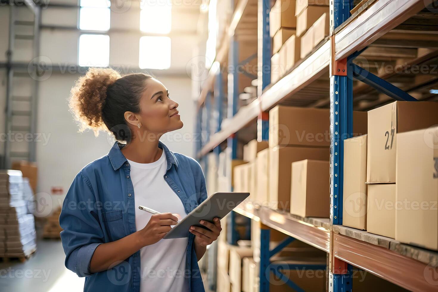 Warehouse worker checking inventory using digital tablet and taking notes photo