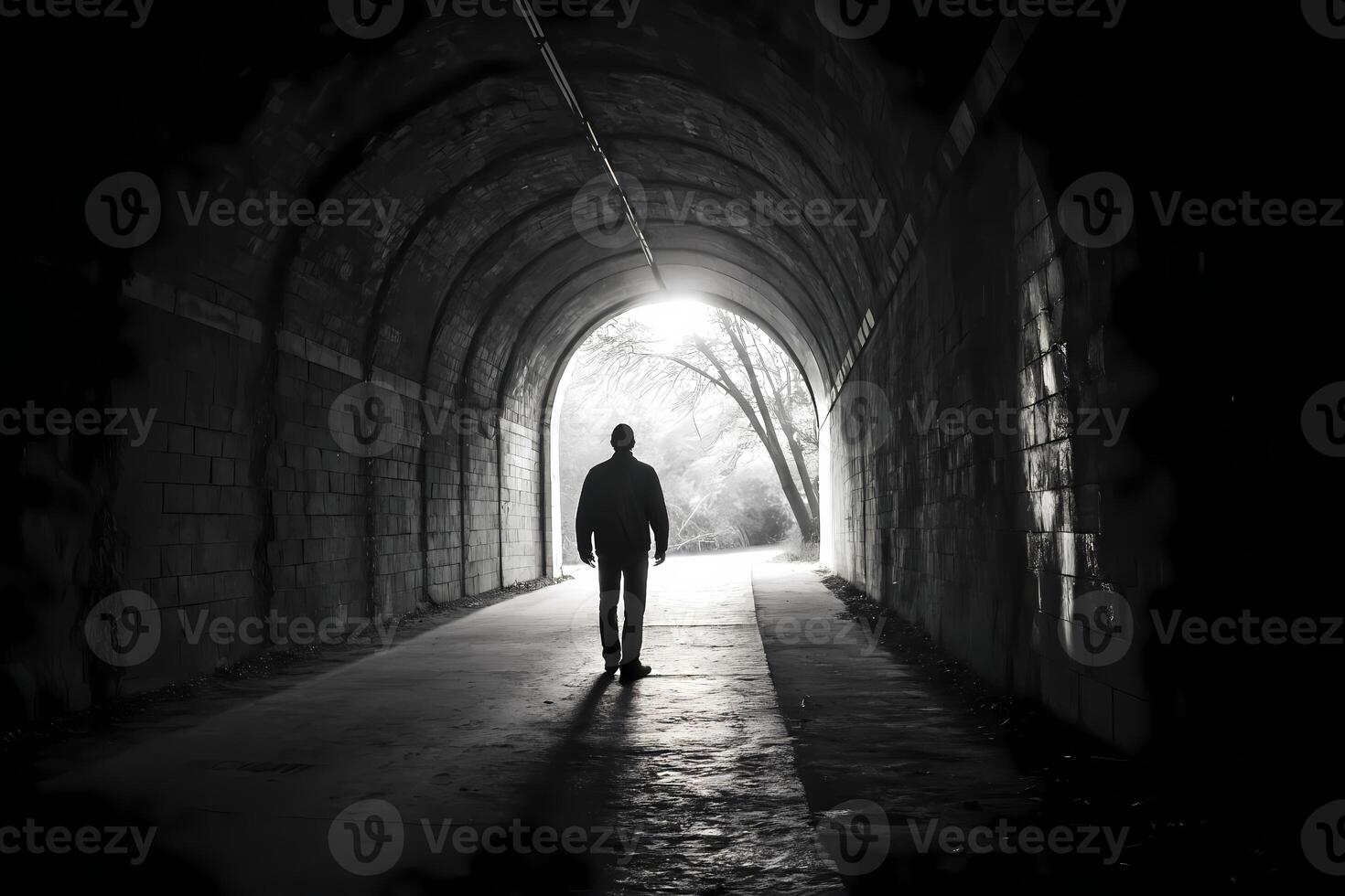 Man walking into the light at the end of dark tunnel photo