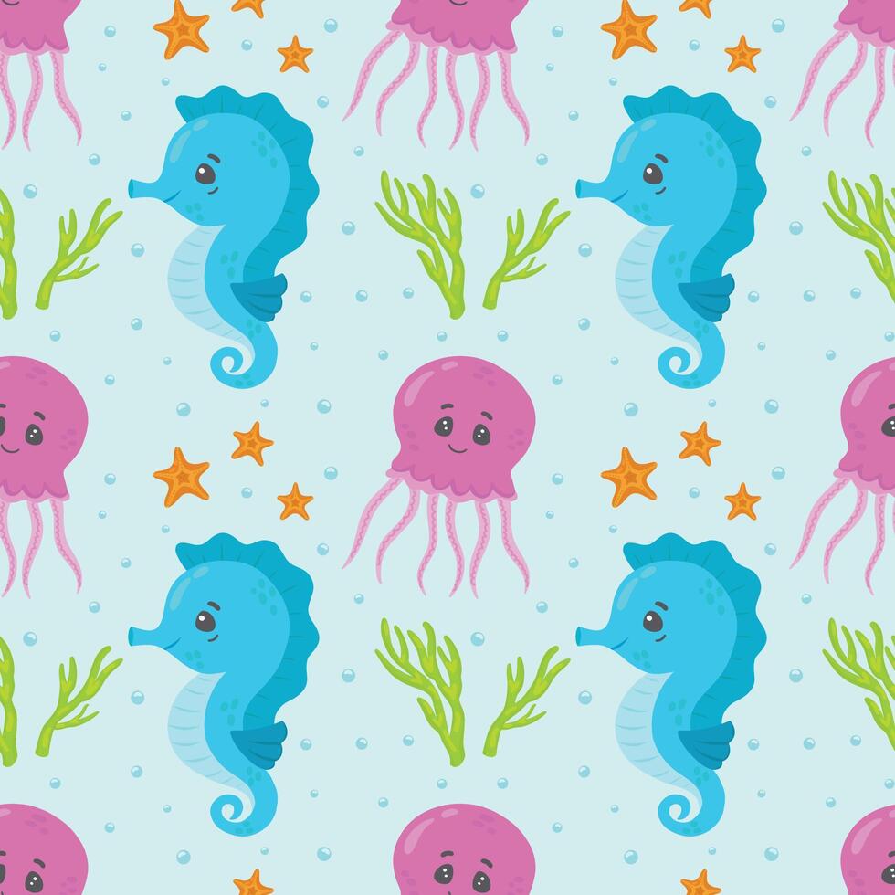 Seamless pattern with cute seahorse, starfish, jellyfish and corals. Funny multicolor background, marine texture. Modern stock illustration. vector