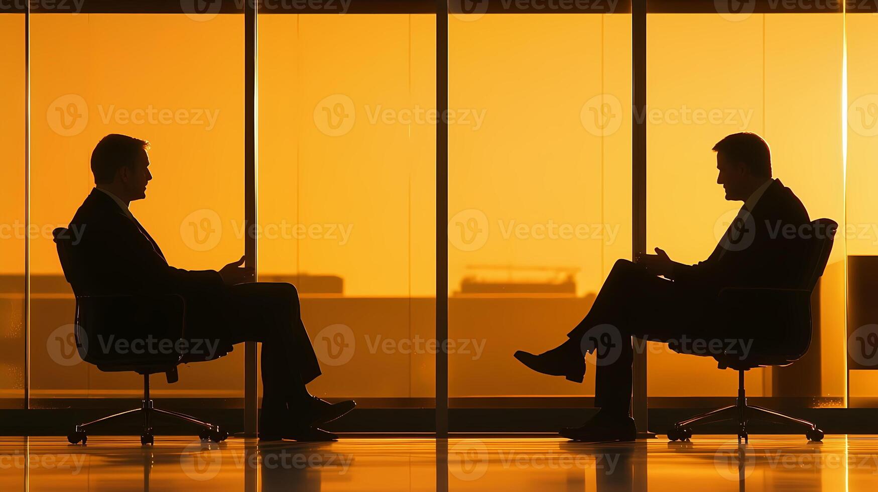 Two businessmen discussing during sunset in office photo