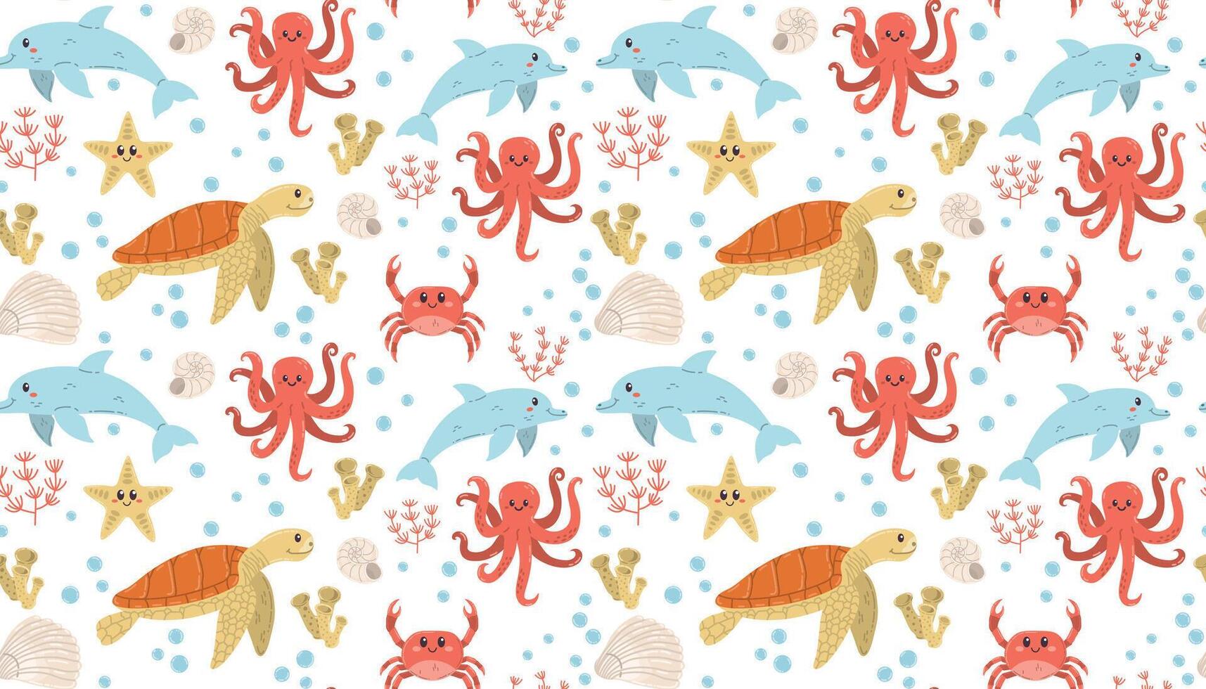 Playful dancing sea animals. Turtle, dolphins, octopus and crab seamless pattern can be use for background decoration and apparel design. vector