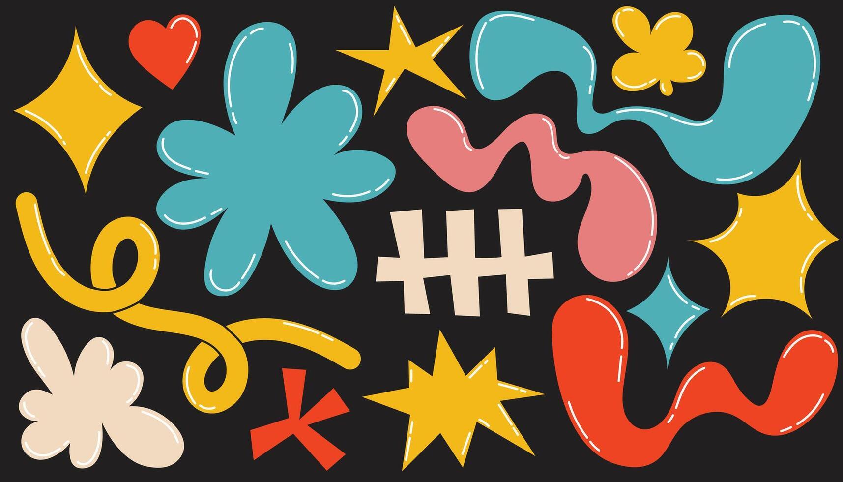 A vibrant abstract composition featuring various geometric and organic shapes on a black background. The playful design includes stars, squiggles, heart and floral elements, modern aesthetic. vector