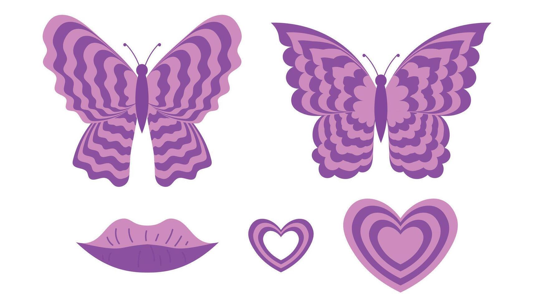 Set of girly groovy butterfly and hearts print. Hypnotic retro style. Modern design elements for posters, T shirts, invitations, postcards. vector