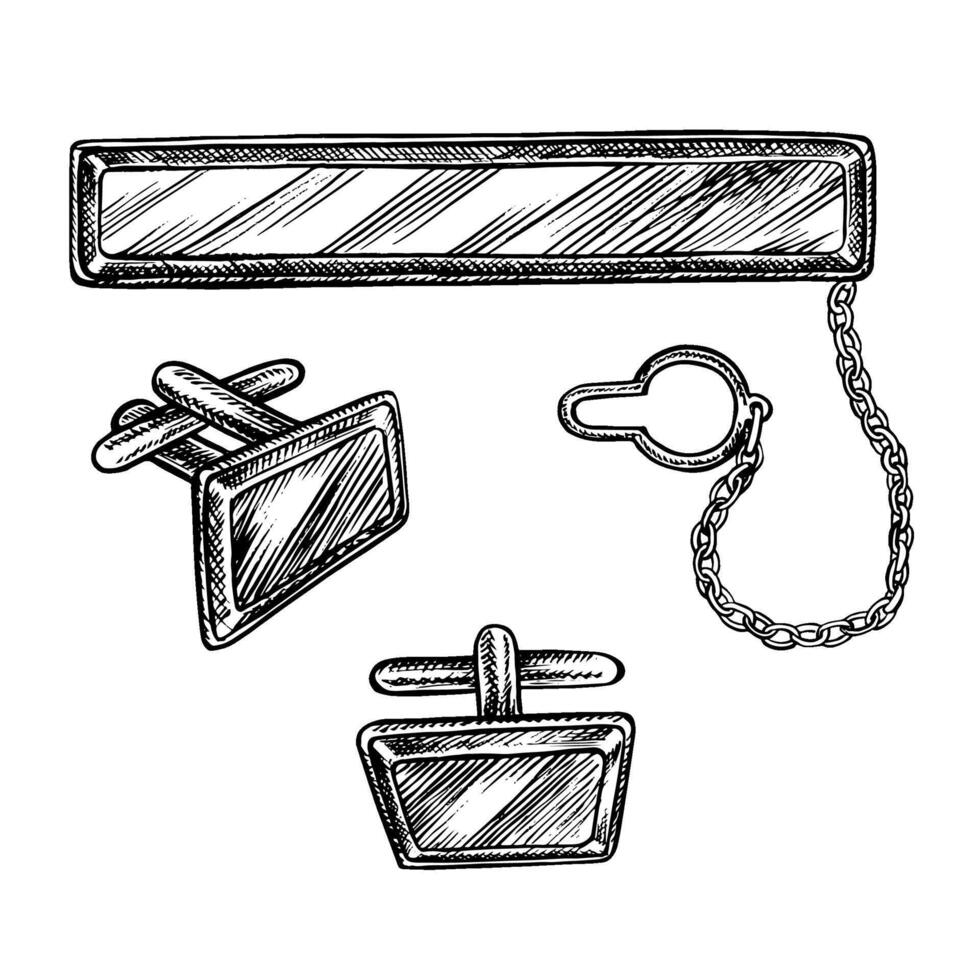 Tie clip and cufflinks. Hand-drawn illustration. Clip art of black and white images of men s accessories. Separate from the background. Perfect for banners, flyers, packages, invitations. vector