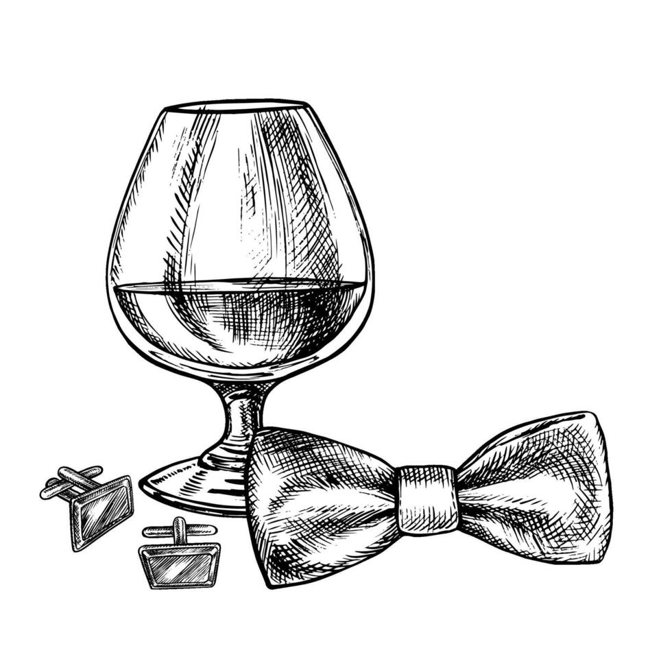 A glass of cognac. A hand-drawn graphic illustration. Black and white image of an alcoholic beverage. Separate from the background. Perfect for menus, banners, flyer, package, label, invitation vector