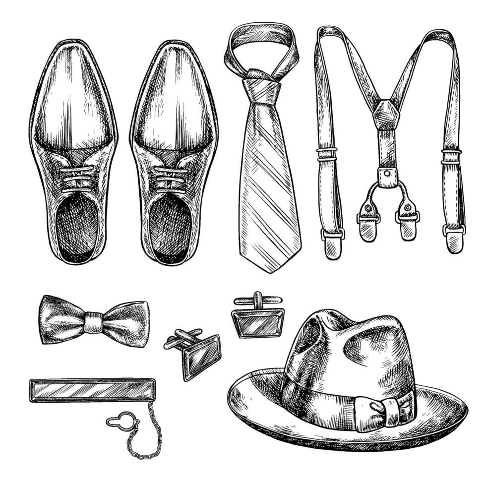 A set of men s accessories. A graphic illustration made by hand. Black and white image of the clipart. Men s beauty and fashion. Perfect for postcards, banners. For All Men s Day, Father s Day. vector