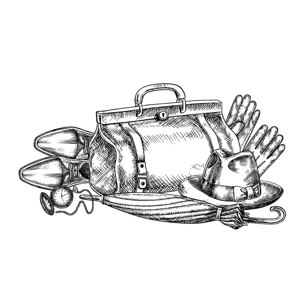 Men s hat, travel bag, umbrella, walking stick, shoes and gloves. Hand-drawn illustration. Black and white image on the theme of men and travel. For postcards, banners and flyers to Men s Day. vector