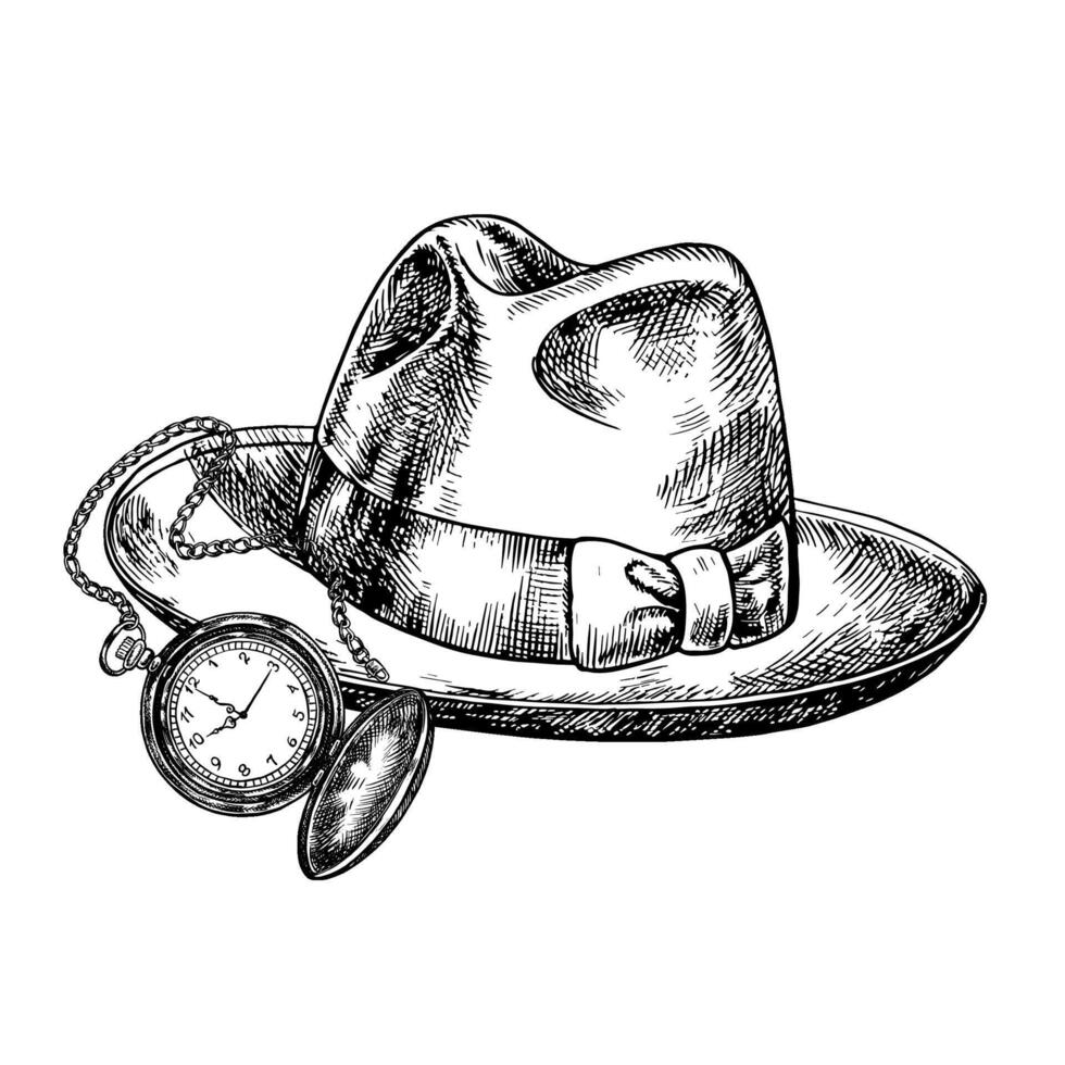 A man s hat and pocket watch. Hand-drawn illustration. Black and white image of a men s accessory. Separate from the background. Perfect for banners, flyers, packages, labels, invitations. vector