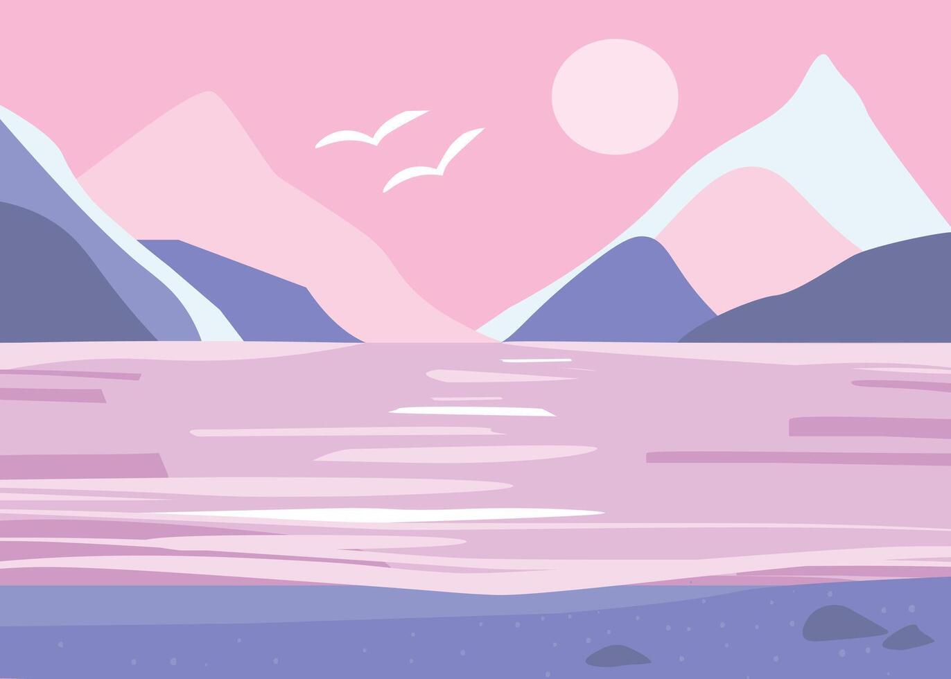 Horizontal abstract landscape with water, seashore against the backdrop of mountains and the sun. vector