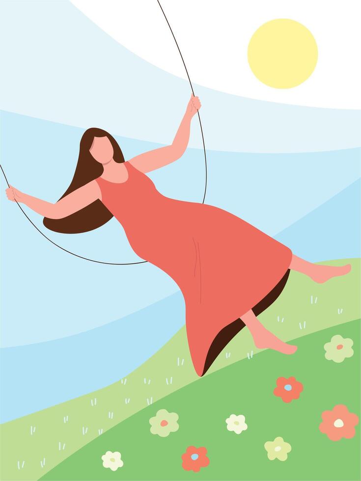 A young woman sits on a swing against the backdrop of a summer blooming meadow, sky, sun. flat graphics. vector