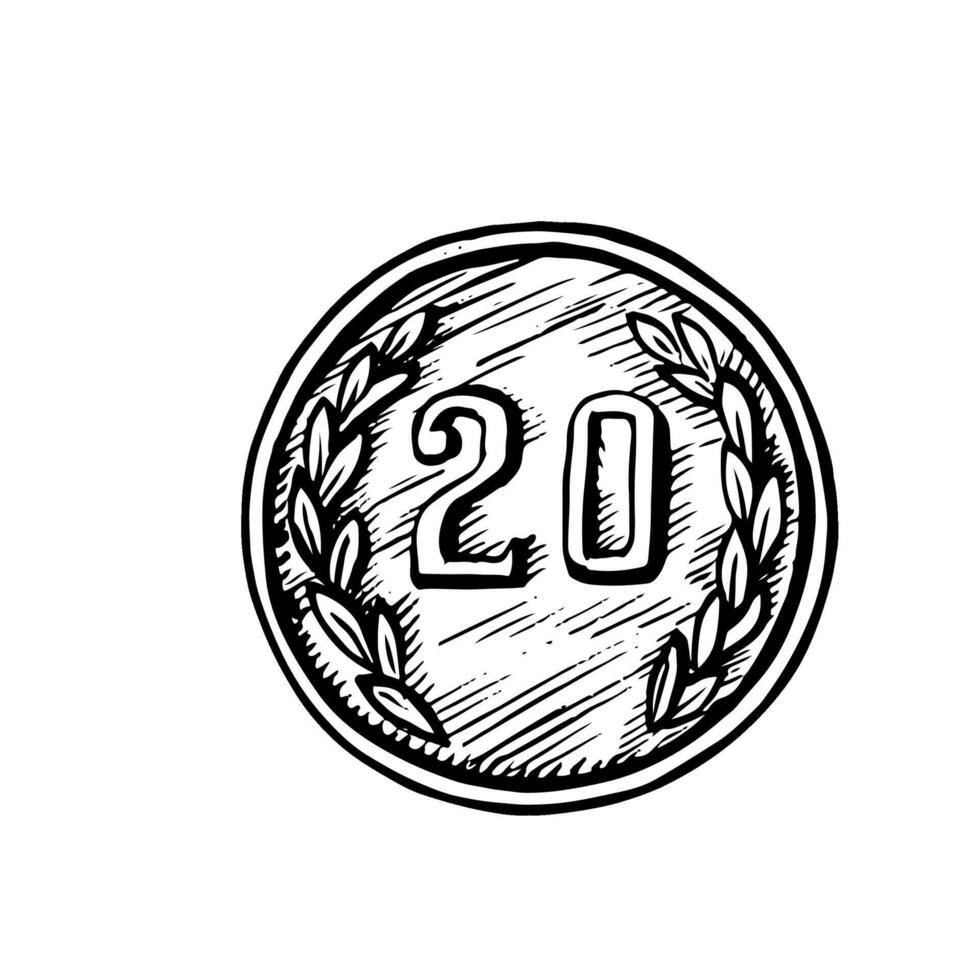 A metal monetary coin. Hand-drawn illustration. A black and white image of wealth. Separate from the background. For posters, postcards and banners, flyers, packages and labels. vector