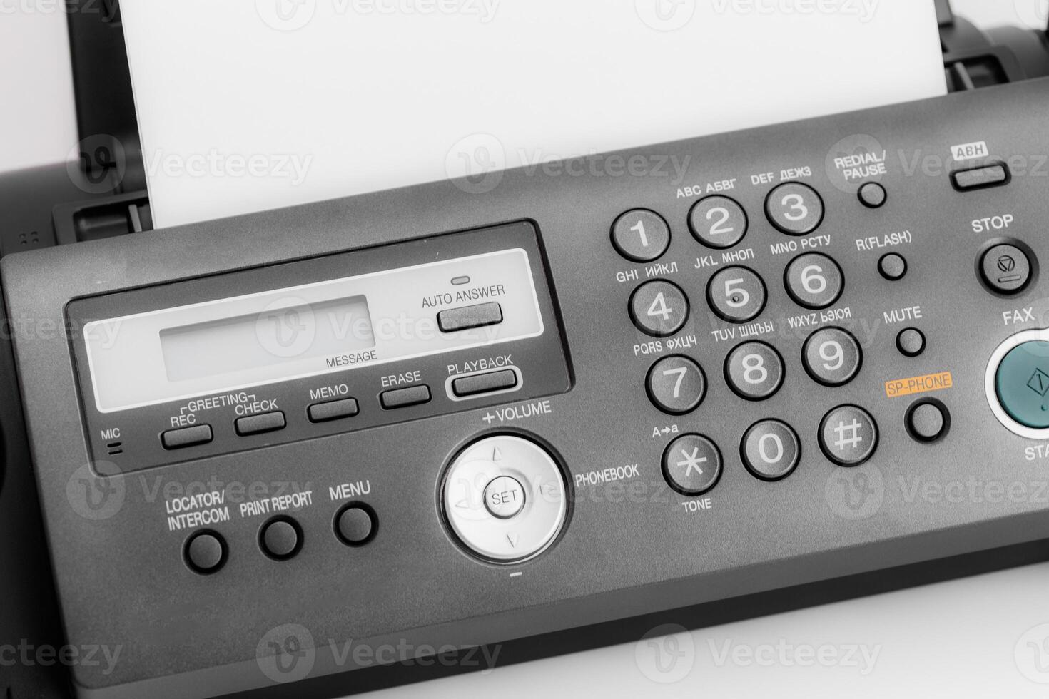Black fax machine tool close up, business concept photo