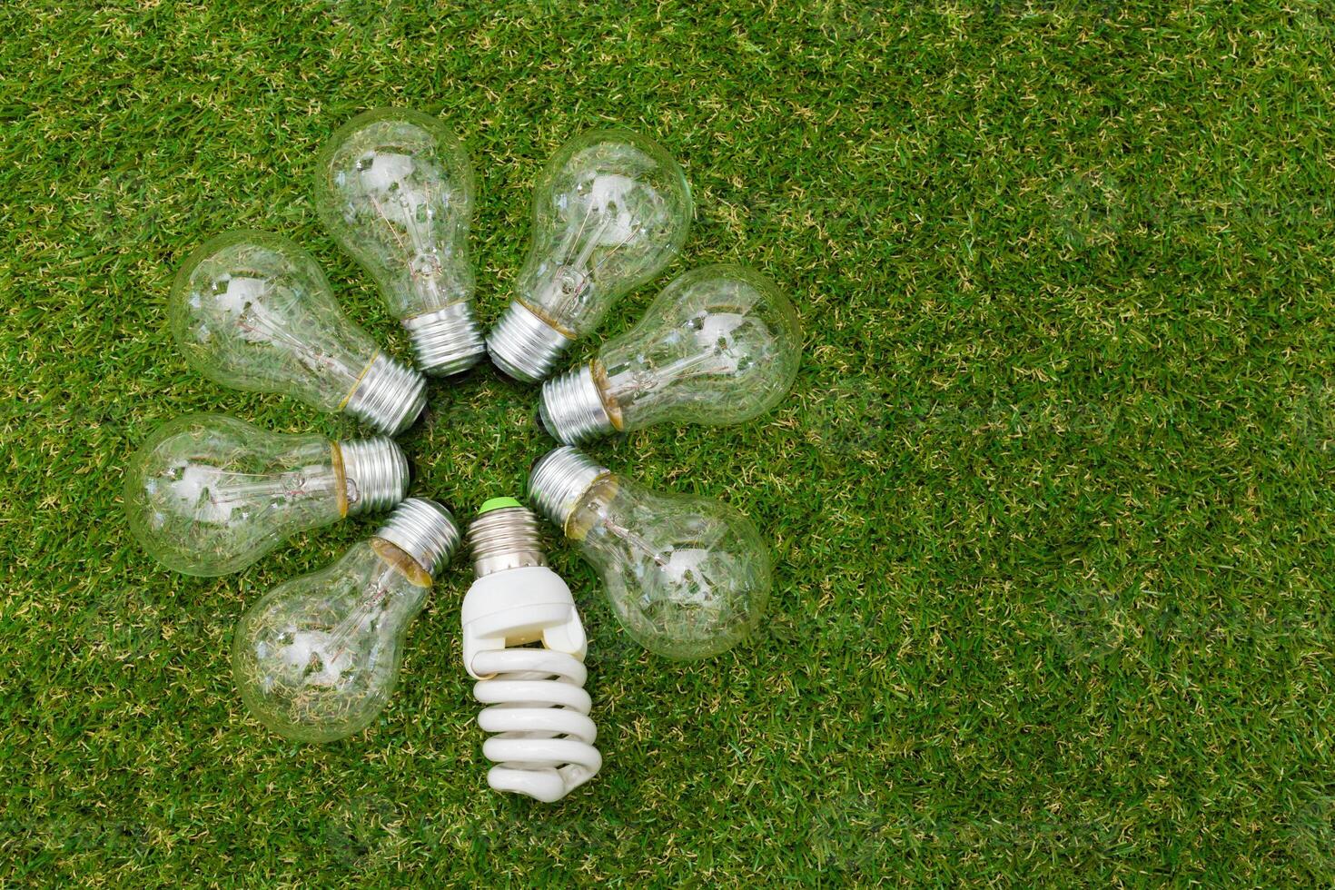 Light bulb in the grass. Saving energy concept photo