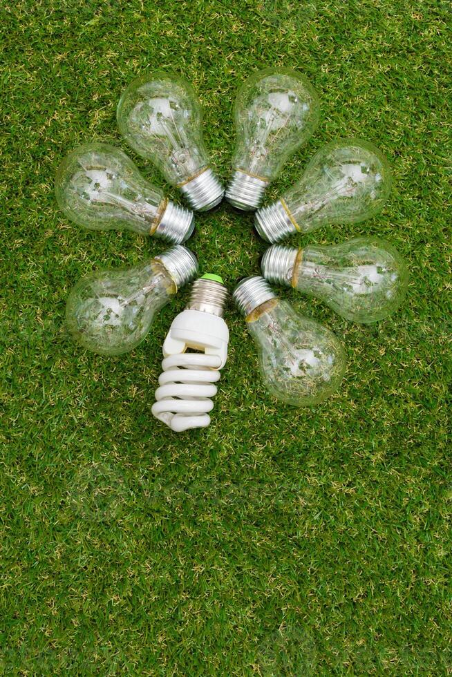 Light bulb in the grass. Saving energy concept photo