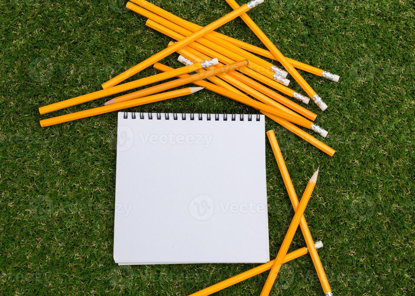 Creativeness concept with plenty of pencils and open blank notebook photo